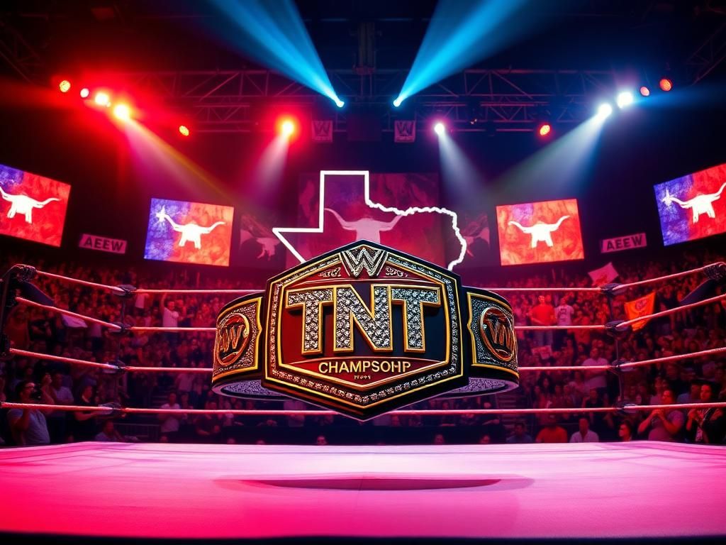 Flick International Dramatic wrestling ring showcasing AEW TNT Championship with vibrant spotlights and cheering fans