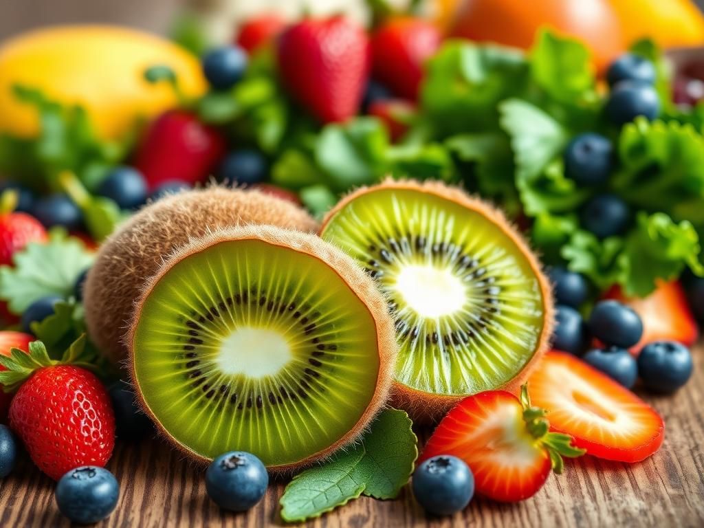 Flick International Close-up of two fresh kiwis with fuzzy brown skin and bright green flesh, surrounded by colorful fruits and vegetables.