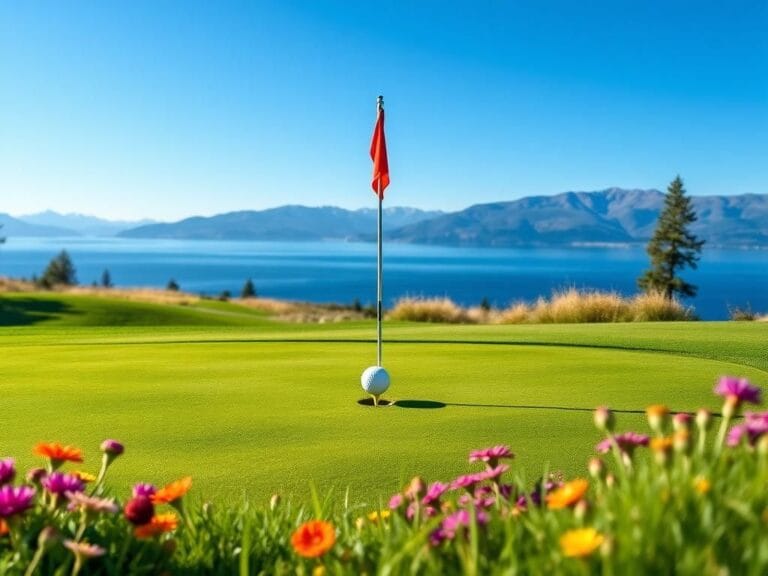 Flick International A picturesque view of the par-3 12th hole at Edgewood Tahoe Golf Club with a golf ball inches from the hole.