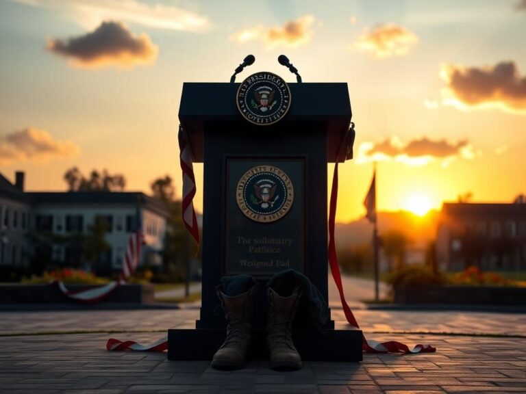 Flick International Empty podium with presidential seal in a serene Pennsylvania town square