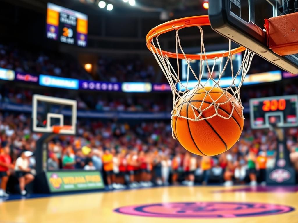 Flick International A vibrant basketball court scene with a bright orange basketball leaving the net after a successful 3-pointer.