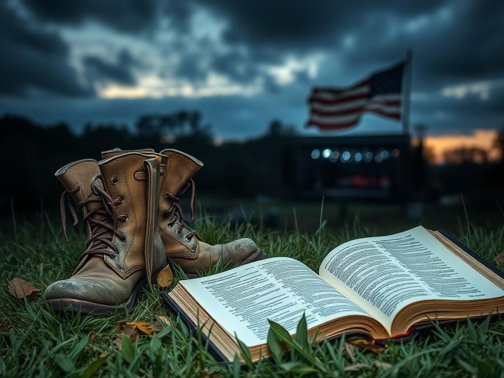Flick International Worn firefighter boots and a tattered Bible on a hillside symbolizing loss and resilience