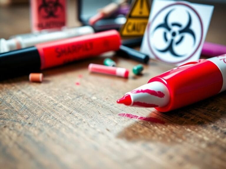 Flick International Close-up of a vibrant red Sharpie lying on a wooden table with lip liner strokes around a lipstick tube