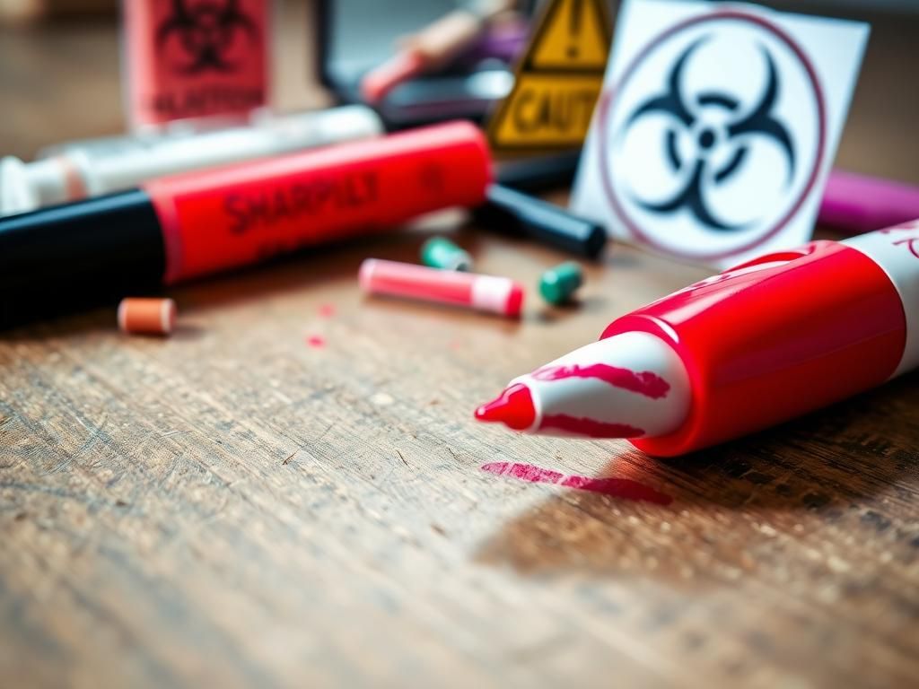 Flick International Close-up of a vibrant red Sharpie lying on a wooden table with lip liner strokes around a lipstick tube