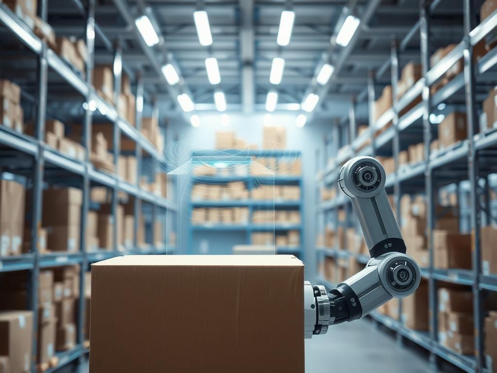 Flick International A robotic arm using mmWave imaging to scan a sealed box in a high-tech warehouse