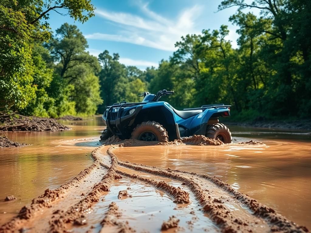 Flick International Blue ATV partially submerged in muddy water surrounded by green foliage and tall trees.