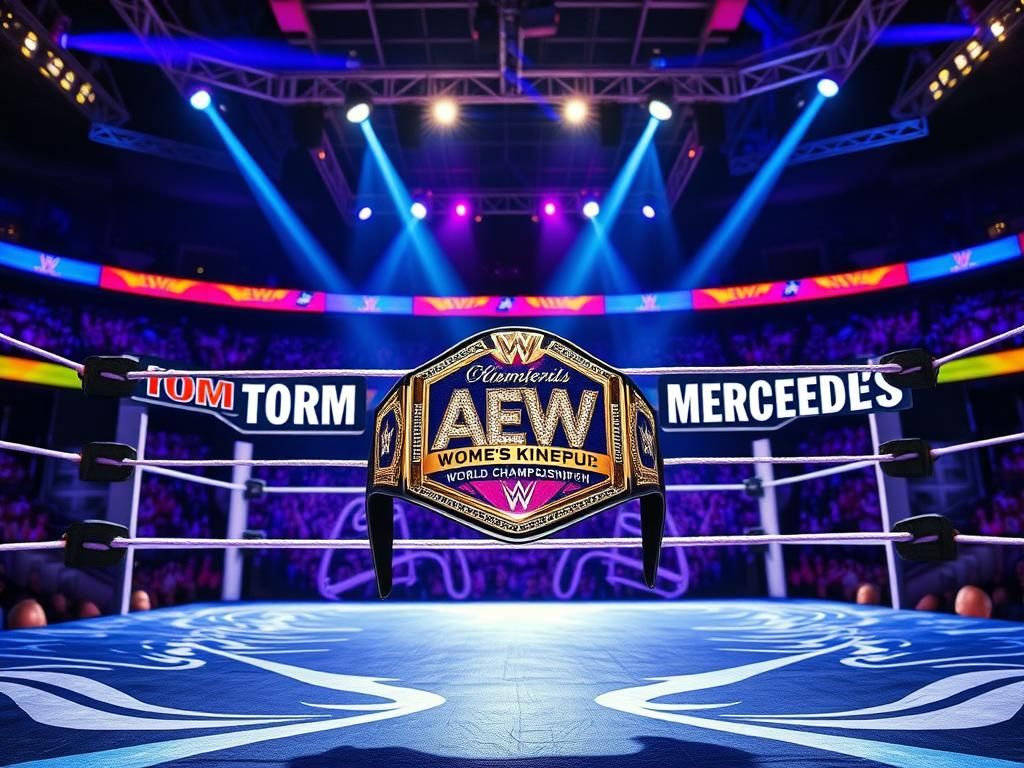 Flick International Dynamic wrestling scene highlighting Toni Storm and Mercedes Moné during AEW Women's World Championship match.