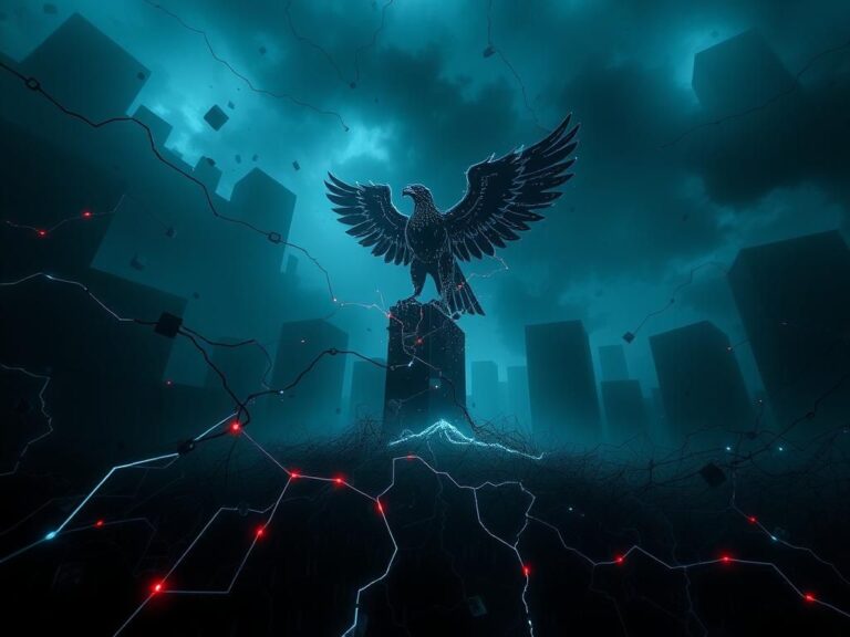 Flick International A dark digital landscape with fractured code and looming abstract shapes representing AI’s chaotic potential