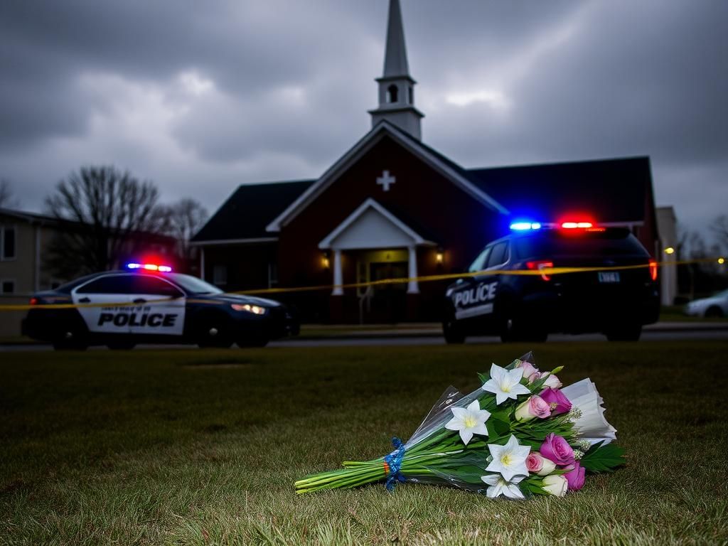 Flick International Exterior view of a Baptist church in Lexington, Kentucky, with police vehicles and flowers memorializing victims