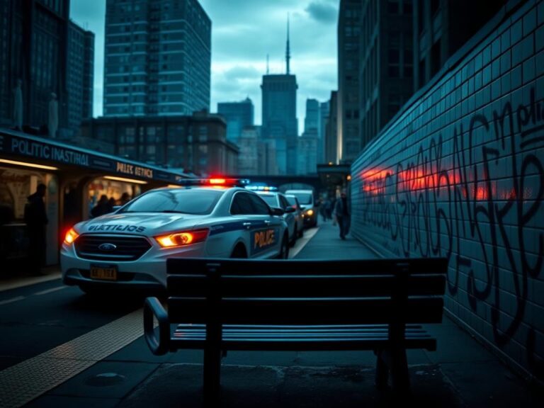 Flick International Blurred police car on a crowded subway platform symbolizing public safety debate in NYC