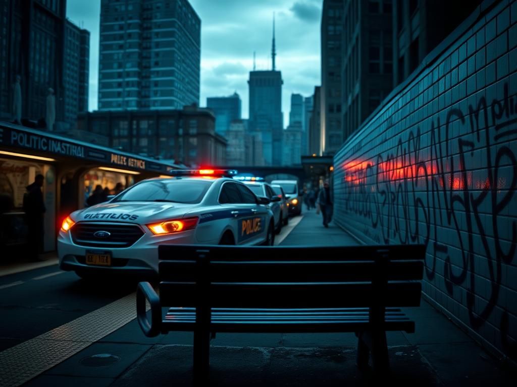 Flick International Blurred police car on a crowded subway platform symbolizing public safety debate in NYC