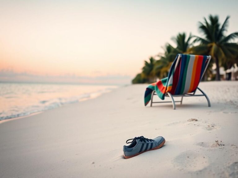 Flick International A serene tropical beach at dawn with left behind sneakers symbolizing a traveler's disappearance