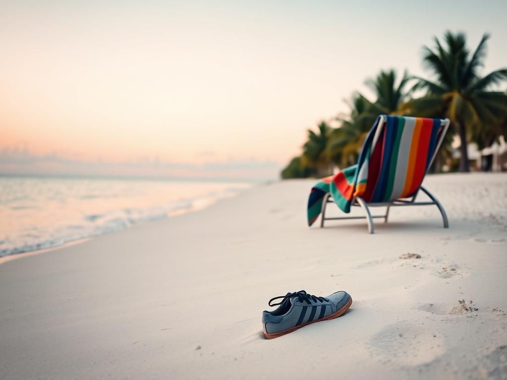 Flick International A serene tropical beach at dawn with left behind sneakers symbolizing a traveler's disappearance