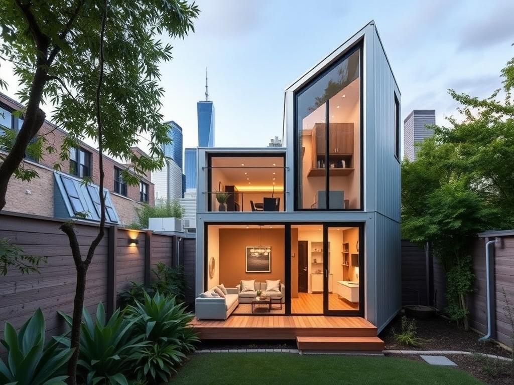 Flick International Modern DQ Tower tiny home showcasing its vertical design and urban setting