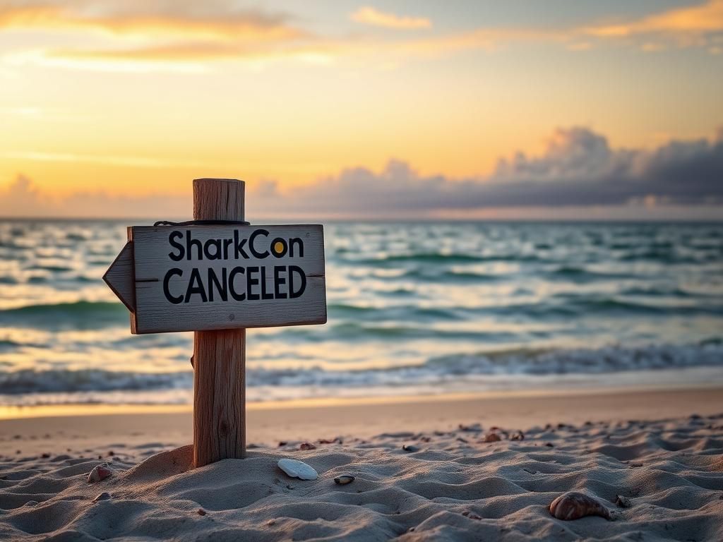 Flick International Wooden signpost marked 'SharkCon CANCELED' on a serene beach at sunset