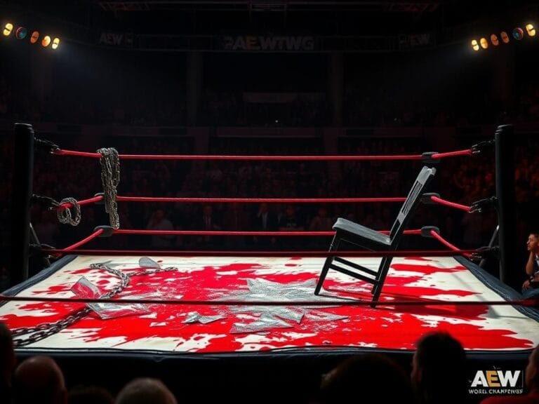Flick International Dramatic scene of Adam Page and Jon Moxley in a violent Texas Death Match with a stained wrestling ring