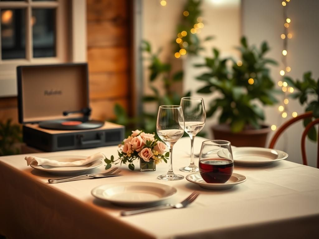 Flick International Elegant dining table set for a romantic evening with soft lighting and flowers