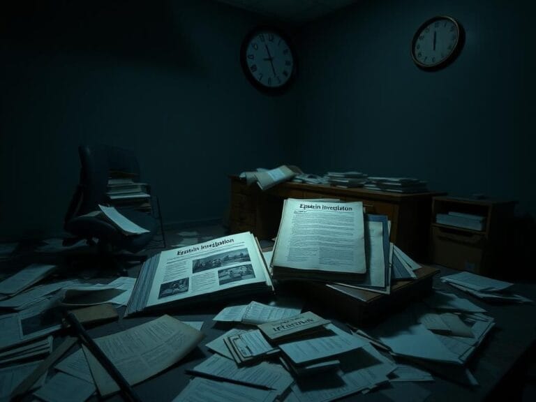 Flick International Dimly lit abandoned office space with scattered documents representing chaos in Epstein investigation