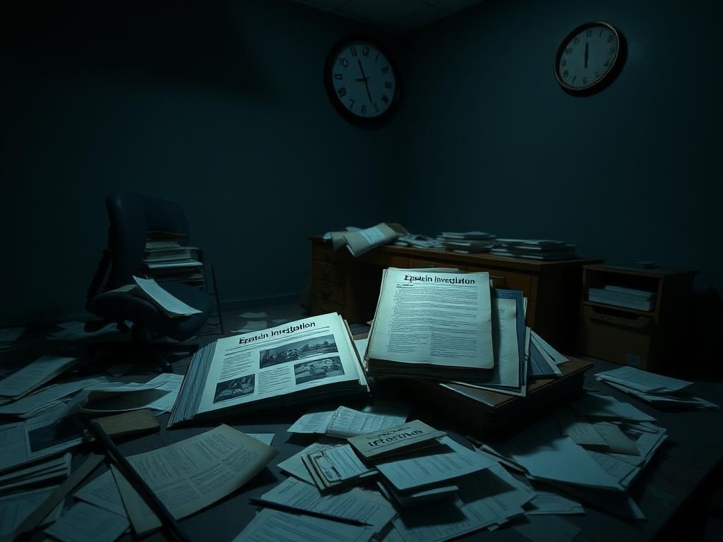 Flick International Dimly lit abandoned office space with scattered documents representing chaos in Epstein investigation