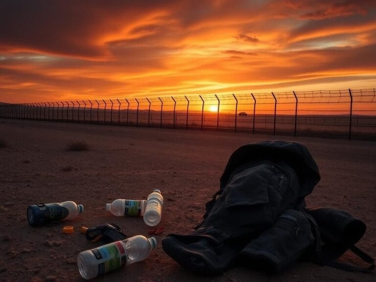 Flick International U.S.-Mexico border landscape at sunset with personal items suggestive of migrants