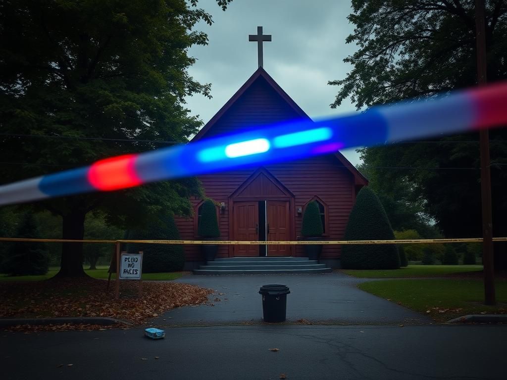 Flick International Exterior view of a church scene cordoned off by police tape after a shooting incident
