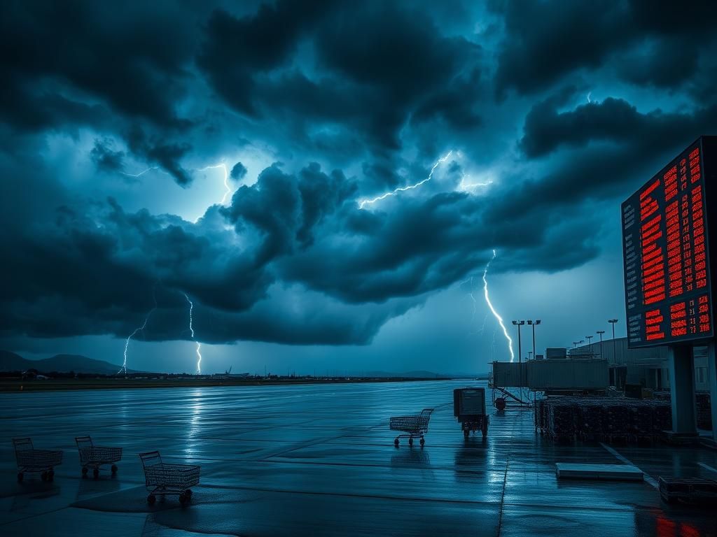 Flick International A dramatic East Coast airport scene under severe thunderstorm with dark clouds and lightning strikes
