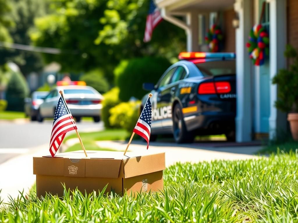 Flick International Two police officers delivering a pizza on a sunny suburban street after a traffic stop