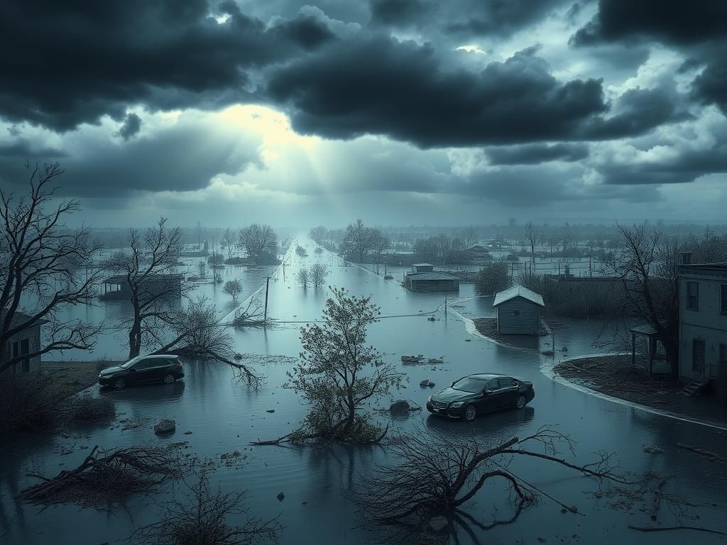 Flick International Aftermath of a devastating flash flood in Texas showing submerged cars and uprooted trees