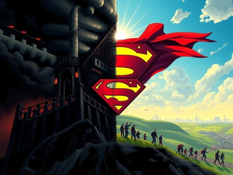 Flick International A dramatic illustration showing a split scene of a corrupted fortress and a bright skyline symbolizing immigration and justice