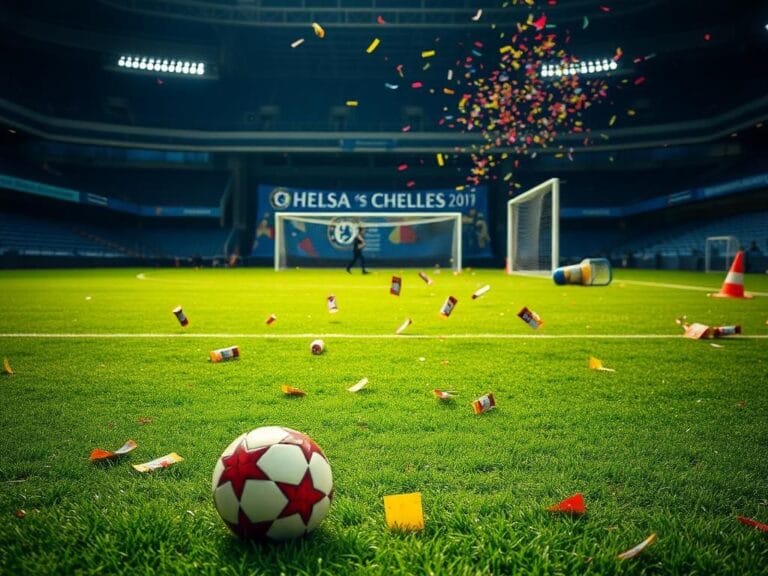Flick International Abandoned soccer ball and scattered cards on a post-match field