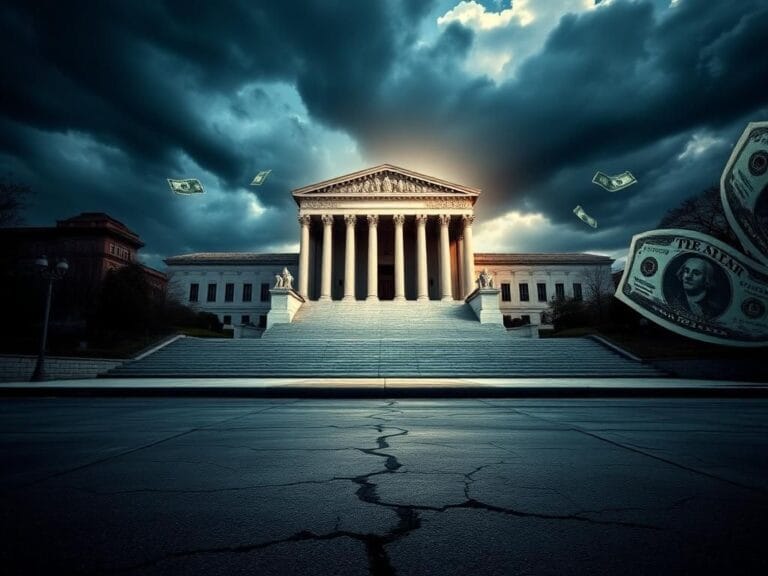 Flick International Dramatic exterior view of the Supreme Court building with stormy skies and swirling dollar bills