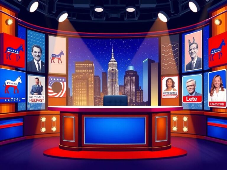Flick International Illustration of a late-night television studio set featuring an empty desk and colorful liberal-themed banners