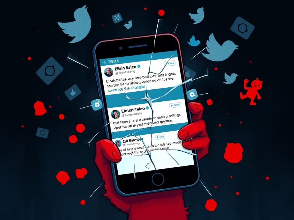 Flick International Digital illustration of a broken smartphone screen displaying offensive tweets with a dark background