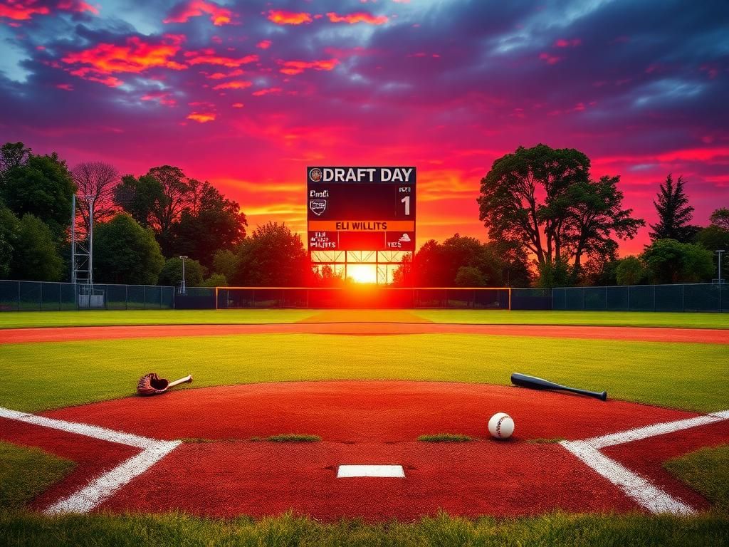 Flick International Dynamic baseball field at sunset with empty diamond and 'Draft Day' scoreboard