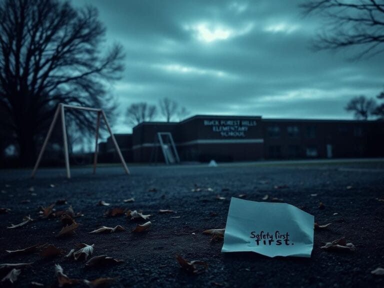 Flick International Dark schoolyard scene at Black Forest Hills Elementary School with empty playground equipment