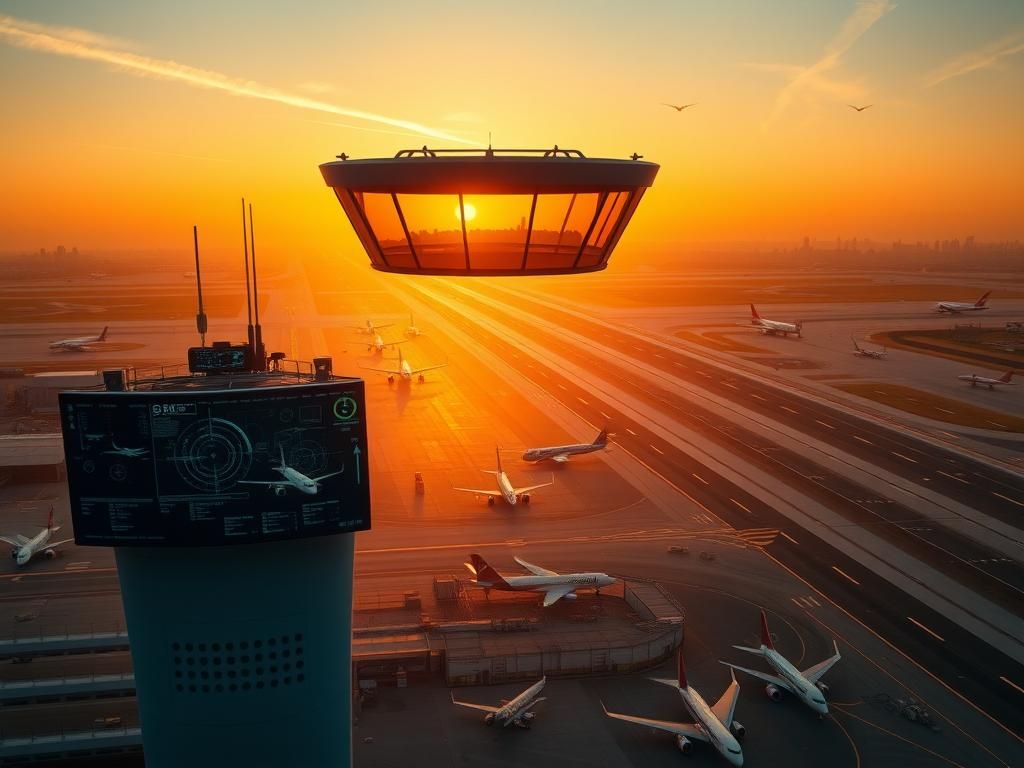 Flick International A modern air traffic control tower at sunset with aircraft taking off and landing.