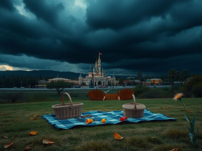 Flick International A somber scene of a California landscape with an abandoned picnic blanket and Disneyland in the distance