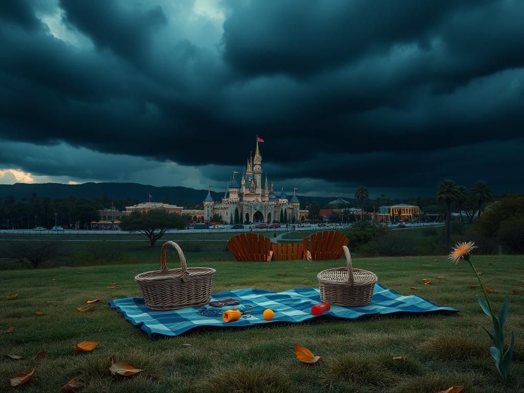 Flick International A somber scene of a California landscape with an abandoned picnic blanket and Disneyland in the distance