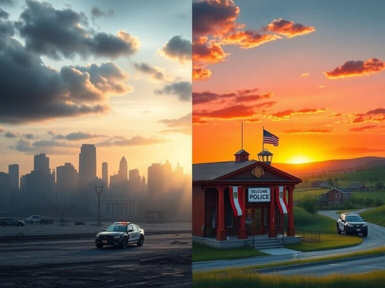 Flick International Contrast between a decaying blue city skyline and a vibrant red state landscape