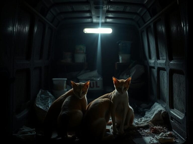 Flick International Dimly lit interior of a U-Haul van filled with emaciated cats and signs of neglect
