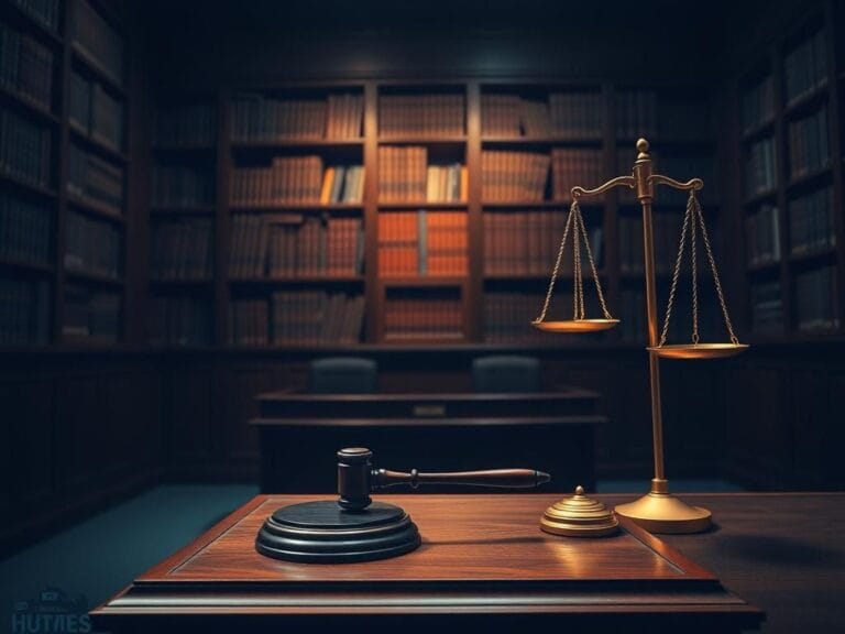 Flick International A dramatic courtroom scene with an empty jury box and gavel on a wooden bench.