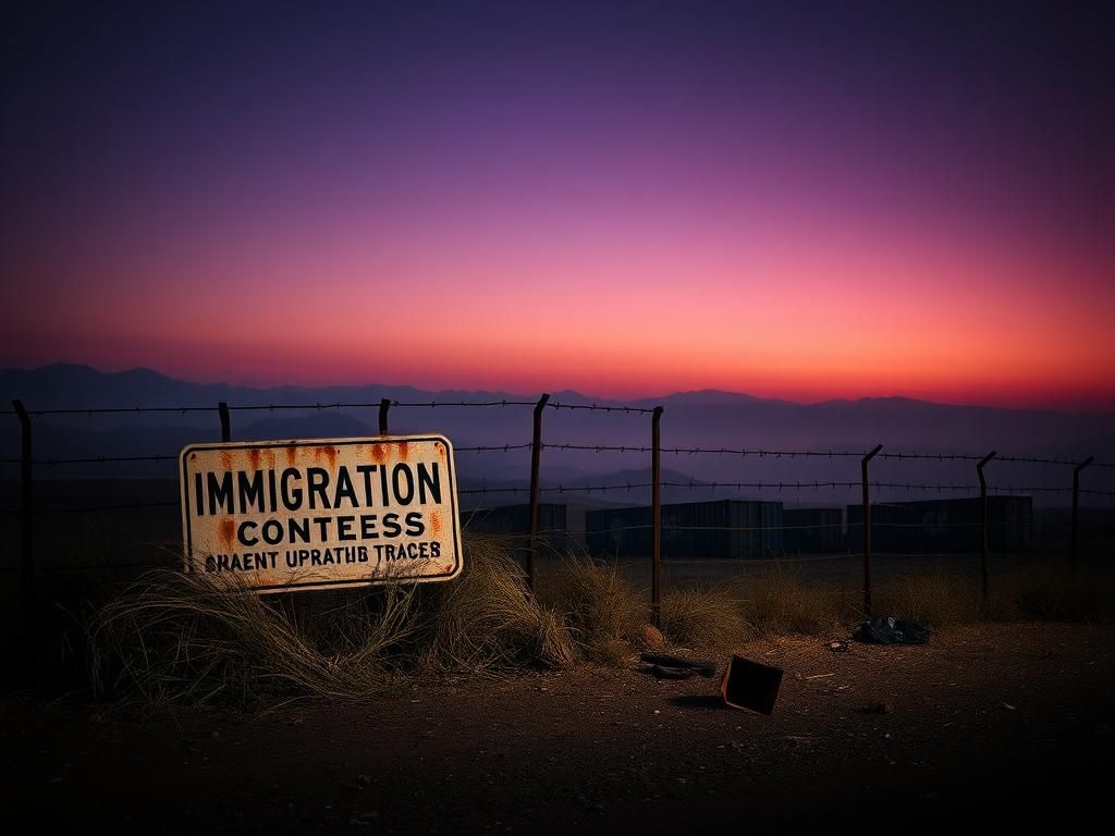 Flick International A dark and moody border landscape scene with barbed-wire fencing and a rusted immigration sign