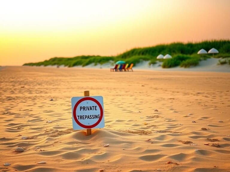 Flick International A private beach at sunset with a 'No Trespassing' sign and colorful beach chairs