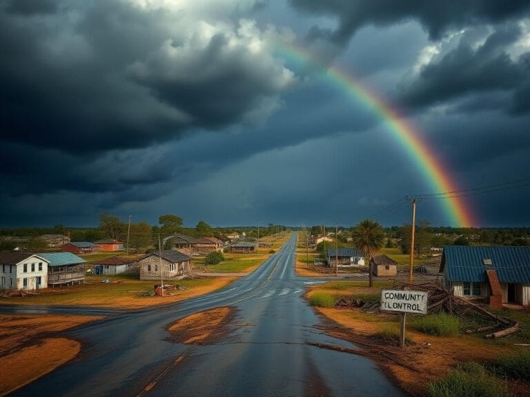 Flick International A flooded rural town after a natural disaster, with washed-out roads and partially submerged houses.