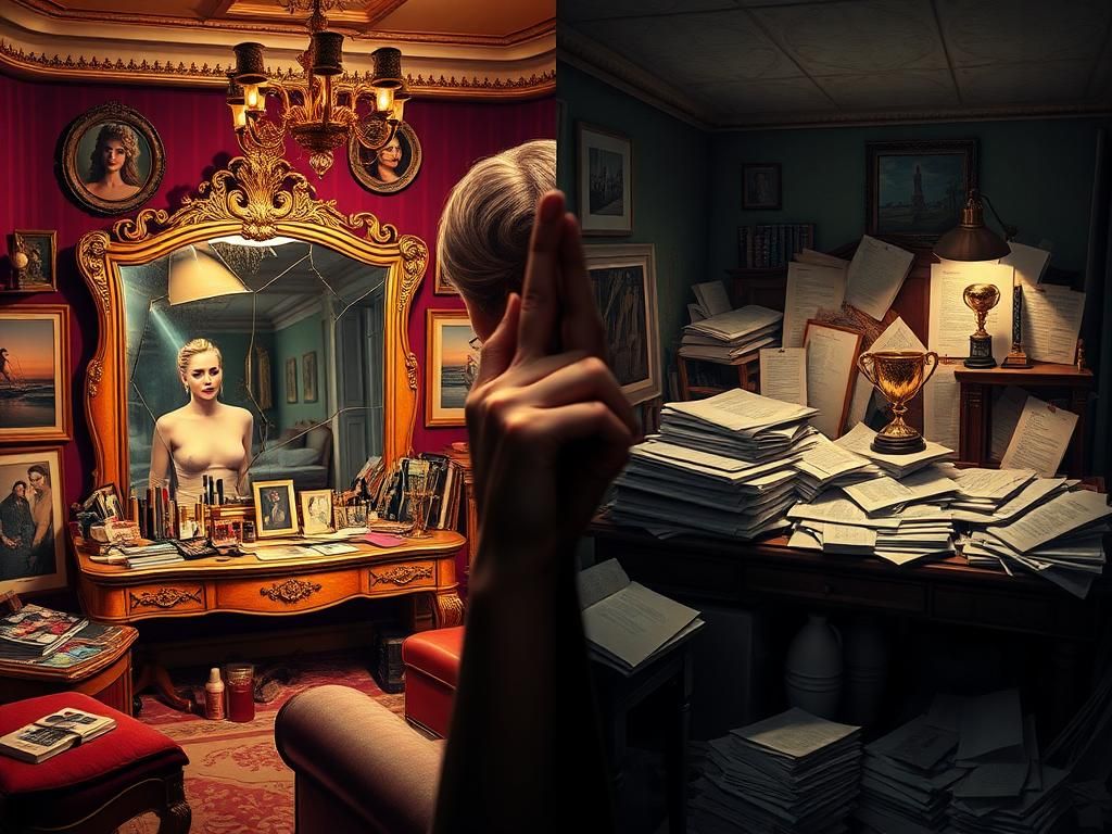 Flick International A split scene showing a glamorous living room representing a domineering mother and a cluttered bedroom symbolizing the daughter's struggles.