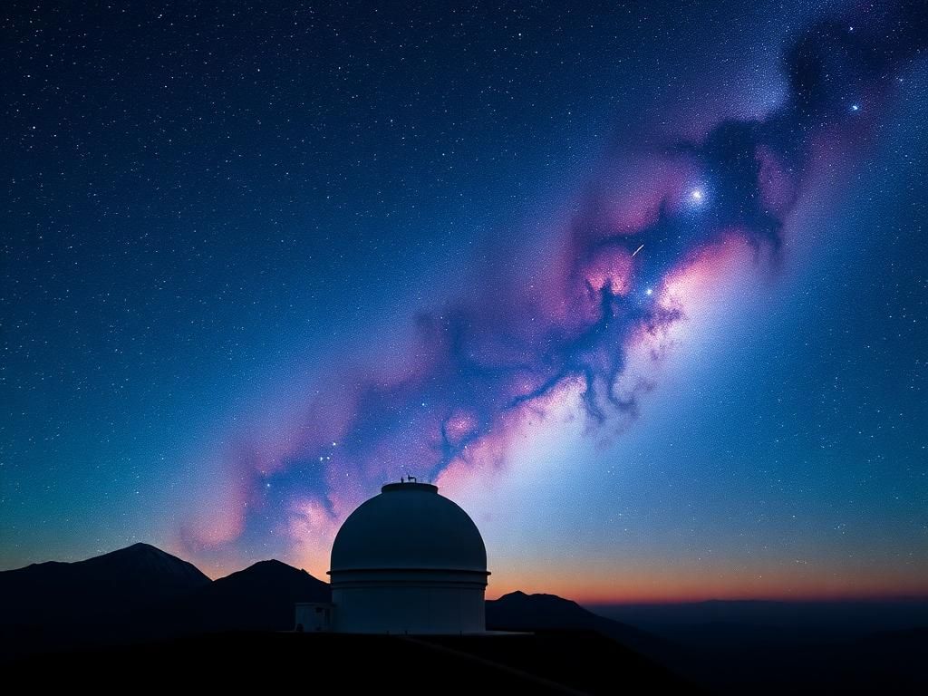 Flick International A stunning night sky over Cerro Pachón showcasing the vibrant cosmos with the Vera C. Rubin Observatory's dome silhouetted in the foreground.