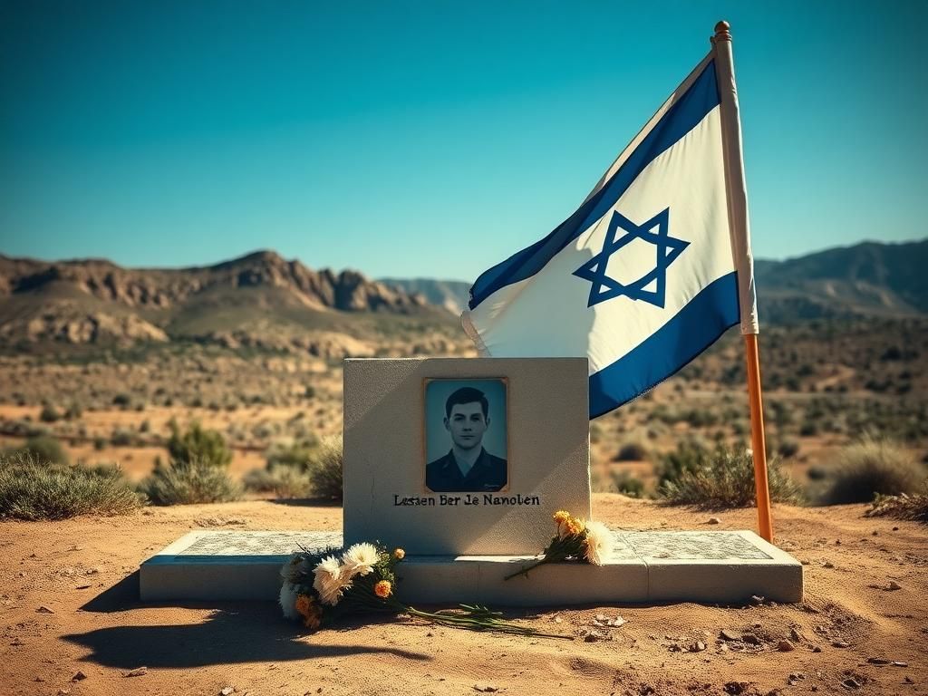 Flick International Empty military memorial in Israel with a faded photograph of a young soldier