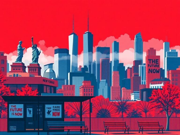 Flick International A vibrant cityscape of New York City showcasing iconic landmarks and elements of social unrest