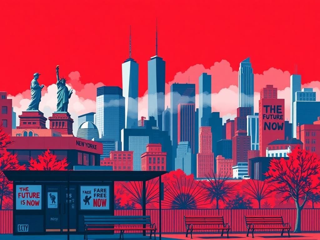 Flick International A vibrant cityscape of New York City showcasing iconic landmarks and elements of social unrest