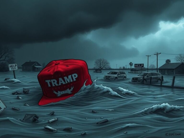 Flick International Flooded Texas landscape with a submerged 'MAGA' hat symbolizing political controversy